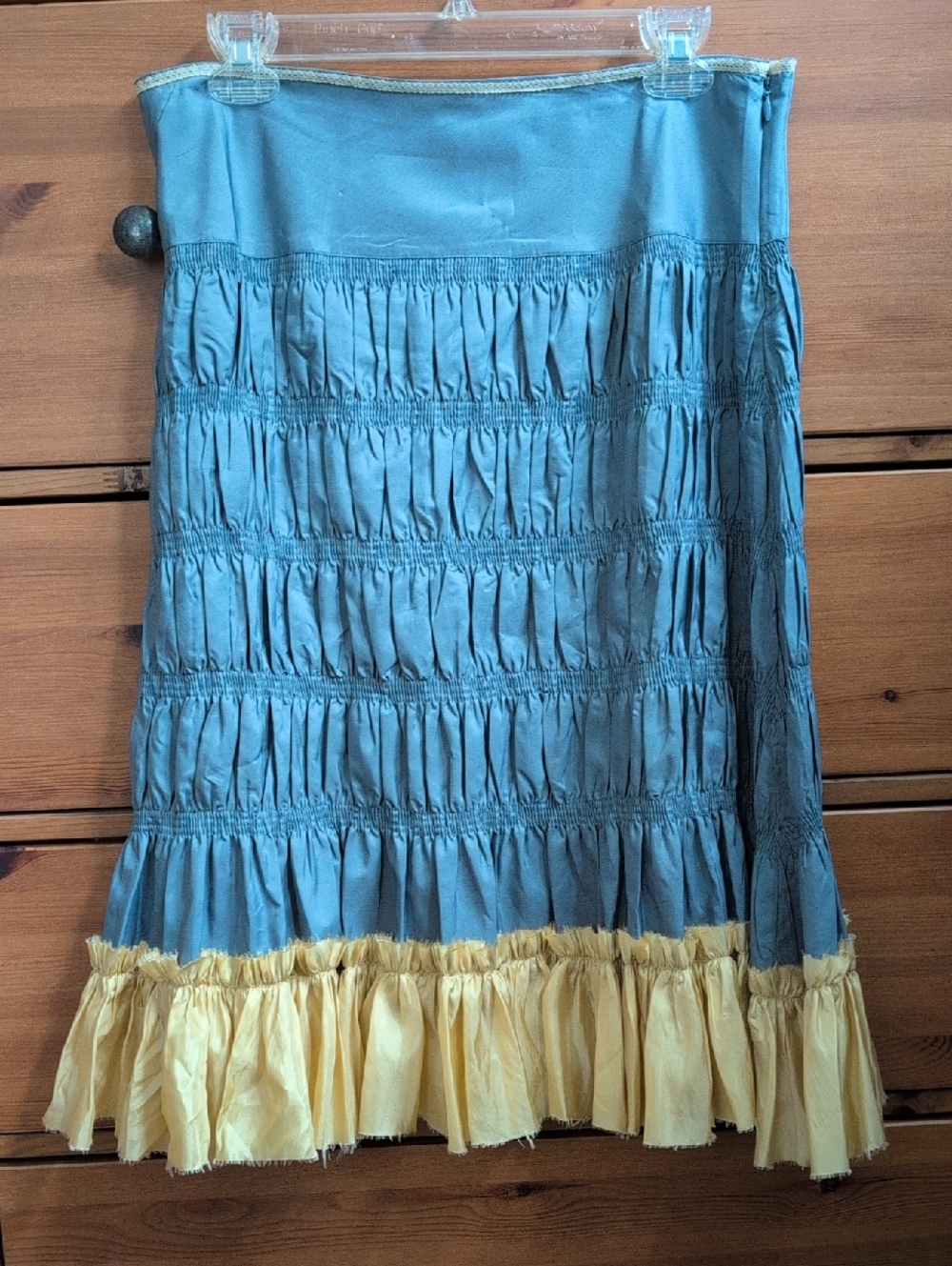 Snak Anthropologie Blue A-Line Tiered Midi Skirt with Yellow Ruffle Hem